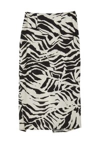 Schwarzer und weißer Zebra-Print Bleistiftrock aus einem strukturierten Stoff, mit einem taillierten Design und geschlitzt am Saum für mehr Bewegungsfreiheit.