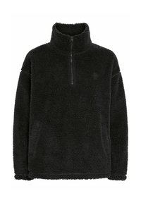 Black fleece pullover with a zippered collar, soft, textured surface, and a relaxed fit. Features stitching along the hem and cuffs.