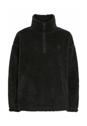 Pulover negru din fleece cu guler cu fermoar, suprafață moale și texturată, și o croială lejeră. Prezintă cusături de-a lungul tivului și manșetelor.
