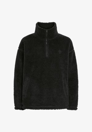 Svart fleece-pullover med glidelås på kragen, myk, strukturert overflate og avslappet passform. Har søm langs kantene og mansjettene.