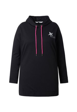 Zwarte hoodie gemaakt van zachte stof met roze trekkoorden. Heeft een zilveren sterafbeelding en de tekst "ANGEL" op de voorkant.