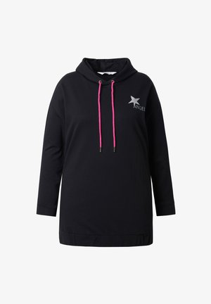 Zwarte hoodie gemaakt van zachte stof met roze trekkoorden. Heeft een zilveren sterafbeelding en de tekst "ANGEL" op de voorkant.