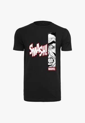 Sort bomulds T-shirt med et grafisk motiv af et skrigende ansigt og ordet "SMASH!" i fed rød tekst med hvid kant. Marvel-logoet inkluderet.