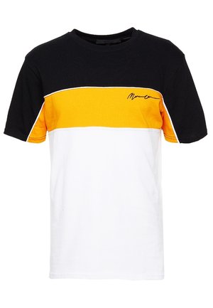 Short-sleeve crew neck t-shirt with black top, yellow middle stripe, white bottom, and small black signature on yellow section.