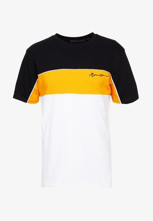Short-sleeve crew neck t-shirt with black top, yellow middle stripe, white bottom, and small black signature on yellow section.