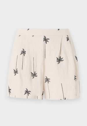 Lichtbeige shorts met zwart palmbomenpatroon, met plooien aan de voorkant en een gladde, lichtgewicht stofstructuur.