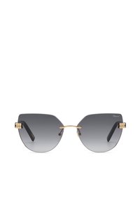 Lunettes de soleil œil-de-chat sans monture avec des verres gris dégradés, un pont doré, des branches noires avec des accents dorés et un logo de marque subtil sur le verre droit.