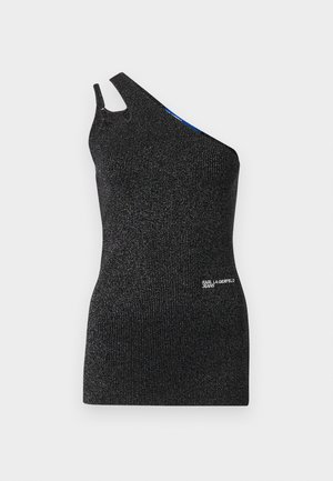 Black, one-shoulder top made of textured fabric with metallic threads. Features a cutout at the shoulder and a logo detail at the hem.