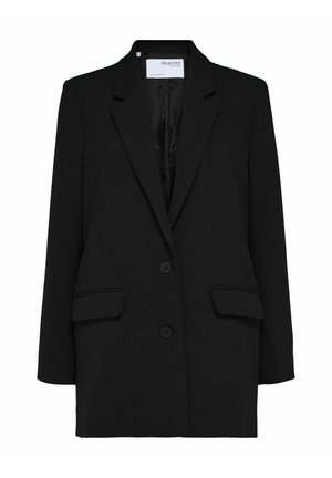 Black blazer with a single-breasted design, two front pockets, and two buttons. Made from textured fabric with a smooth inner lining.
