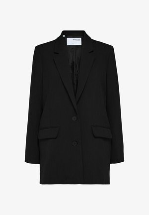 Schwarzer Blazer mit einreihigem Design, zwei vorderen Taschen und zwei Knöpfen. Hergestellt aus strukturiertem Stoff mit einem glatten Innenfutter.