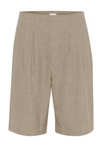 Tailored beige shorts featuring a linen blend, knee-length cut, two front pleats, and a smooth texture. Limited to a neutral color palette.