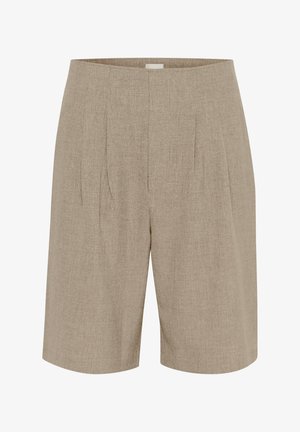 Kohandatud beežid lühikesed püksid, millel on linase segu, põlvepikkune lõige, kaks esist pleati ja sile tekstuur. Piiratud neutraalses värvipaletis.