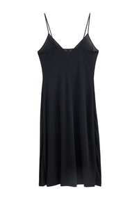 Schwarzes Spaghettiträgerkleid aus einem glatten, leichten Stoff mit V-Ausschnitt und A-Linie, das aus fließendem Material besteht.