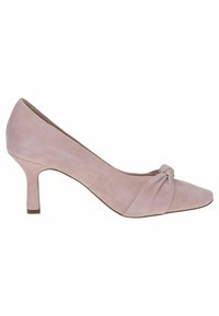 Růžová suede vysoká podpatková bota s oblým špičkou a uvázaným akcentem vpředu. Disponuje štíhlým podpatkem s texturovaným povrchem.