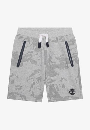 Shorts en camouflage gris en tissu doux, dotés de deux poches zippées bleu marine et d'une taille élastique avec cordon de serrage et accents blancs.
