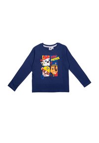 Maglietta a maniche lunghe blu navy per bambini con i personaggi di Paw Patrol Marshall, Rubble e Chase e il logo di Paw Patrol sul davanti.