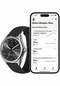 Orologio intelligente con cassa rotonda in argento, quadrante e lancette nere, abbinato a un cinturino in silicone nero; smartphone che visualizza metriche sanitarie e dati.
