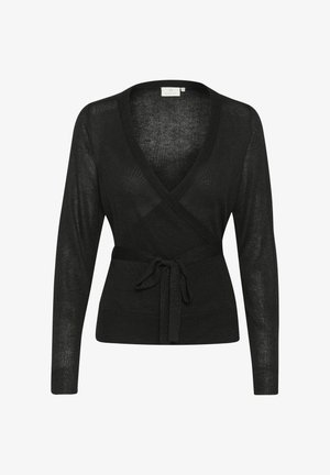 Schwarze Wickelstrickjacke aus leichtem Strickmaterial. Mit langen Ärmeln, V-Ausschnitt und einem gebundenen Taillengurt für eine verstellbare Passform.