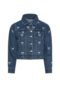 Farkkutakki, jossa on cropped-muotoilu, tummansininen väri, hopeiset napit ja valkoista nauhakarvaompelemista edessä ja hihoissa.