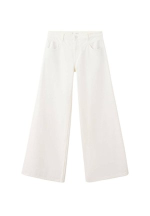 Pantalones vaqueros blancos de pierna ancha con bolsillos delanteros y trabillas para cinturón, mostrados sobre un fondo blanco liso.