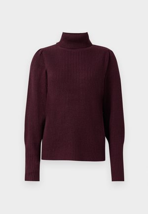 Bordeaux ribbeltrui met een hoge hals en lange mouwen, gemaakt van gebreid materiaal, met subtiele schouderdetails.