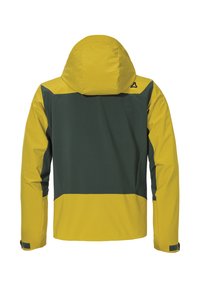 Kapuzenshirt mit gelben Ärmeln und Kapuze, dunkelgrüner Rückenteil und verstellbaren Handgelenkriemen, von hinten gezeigt.