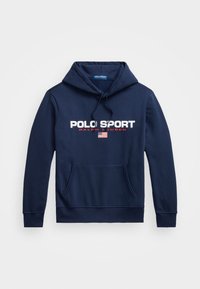 Marinblå hoodie med framficka, texten "POLO SPORT RALPH LAUREN" och en liten amerikansk flagga nedan texten.