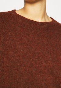 Pull de couleur rouille avec un tricot lisse et texturé et un col rond classique. Le matériau semble doux et chaud, avec des variations subtiles de ton.