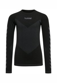 Long-sleeve black sports shirt with textured chevron pattern on front and sleeves, featuring "hummel" logo at chest.