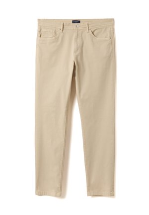 Pantalon beige à jambe droite avec cinq poches, passants pour ceinture, braguette zippée et fermeture par bouton, présenté à plat sur un fond blanc.