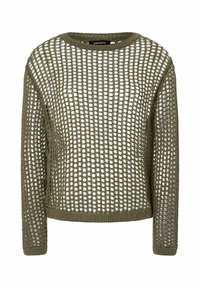 Olivgrüner, gestrickter Pullover mit offenem Mesh-Design, Rundhalsausschnitt und langen Ärmeln. Strukturierter Stoff mit sichtbaren Nähten.