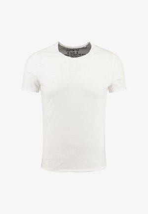 Biały bawełniany t-shirt z okrągłym dekoltem i krótkimi rękawami, charakteryzujący się prostym wzornictwem i miękką teksturą. Etykieta widoczna wewnątrz kołnierza.