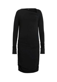 Abito nero a maniche lunghe con una forma aderente, in morbido jersey, con dettagli drappeggiati sul davanti e accenti arricciati sull'orlo.