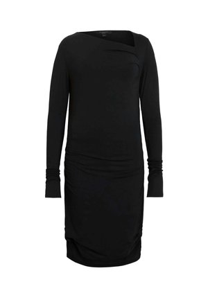 Abito nero a maniche lunghe con una forma aderente, in morbido jersey, con dettagli drappeggiati sul davanti e accenti arricciati sull'orlo.