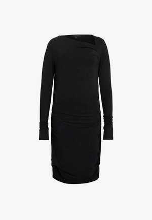 Crna haljina dugih rukava s prilagođenim oblikom, od mekog jersey materijala, s drapiranim detaljima sprijeda i nabranim akcentima na rubu.