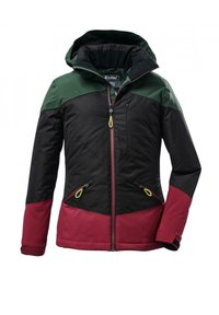 Veste extérieure avec épaules et capuche vertes, poitrine et manches noires, et partie inférieure et poignets rouges, dotée d'un zip avant et de poches zippées.