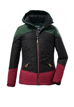 Veste extérieure avec épaules et capuche vertes, poitrine et manches noires, et partie inférieure et poignets rouges, dotée d'un zip avant et de poches zippées.