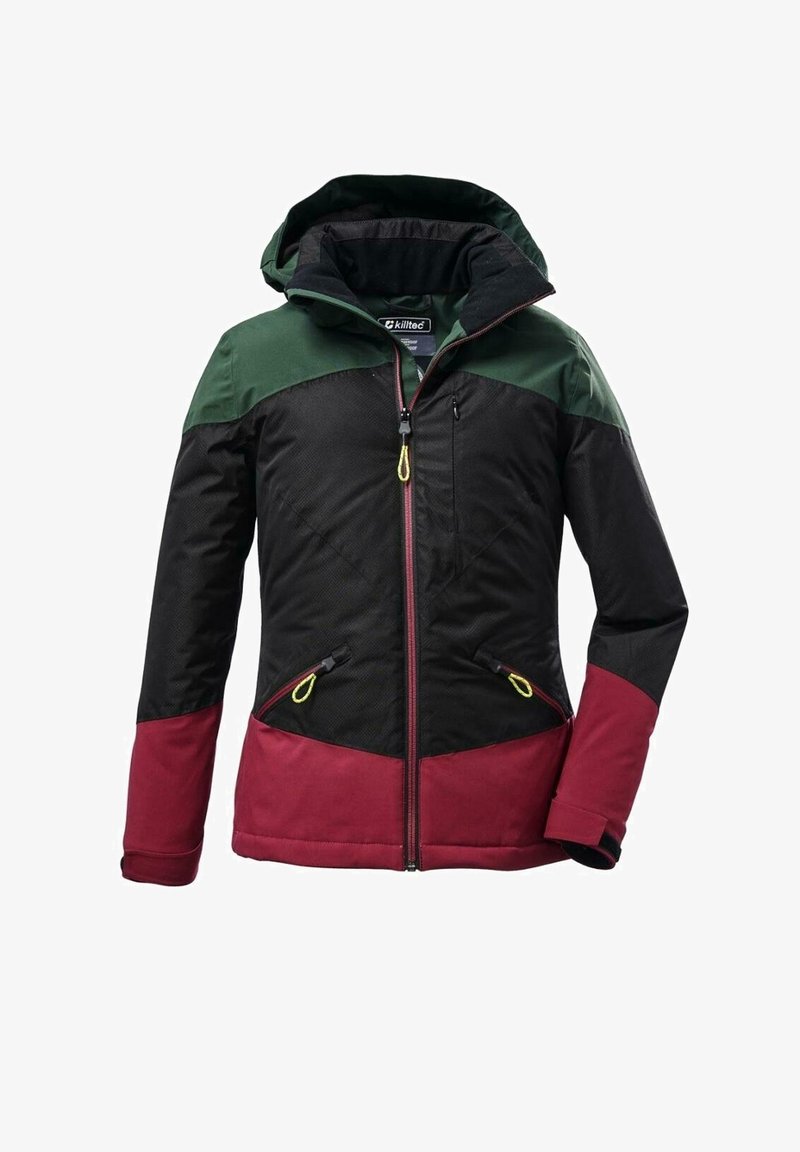 Veste extérieure avec épaules et capuche vertes, poitrine et manches noires, et partie inférieure et poignets rouges, dotée d'un zip avant et de poches zippées.