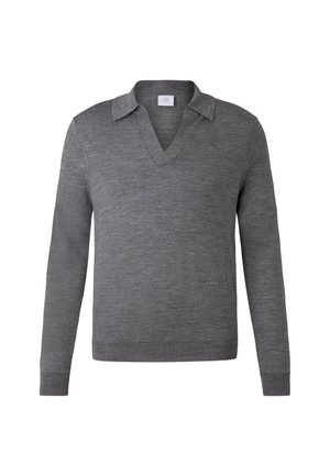 Grauer Strickpullover mit V-Ausschnitt und Kragen-Design. Lange Ärmel und eine glatte Textur ohne sichtbare Muster oder Akzente.