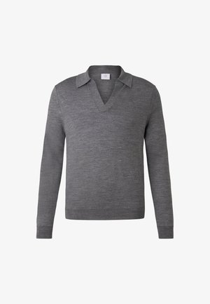 Grå strikket pullover med V-hals og krave-design. Langeærmer og en glat tekstur uden synlige mønstre eller accenter.