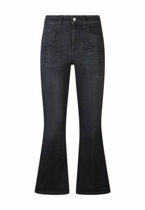 Jeans flare in denim nero con vita alta, caratterizzati da dettagli in borchie sui tasconi frontali e una finitura liscia.
