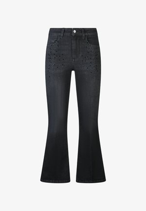 Black denim flared jeans with a high waist, featuring studded accents on the front pockets and a smooth finish.