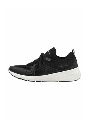 Black athletic sneaker with a mesh upper, textured accents, white sole, and traditional lacing. Features a cushioned collar for support.