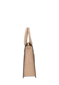 Borsa beige testurizzata con design strutturato. Presenta una chiusura con zip, manici doppi e accenti neri a contrasto. Finitura liscia e lucida.