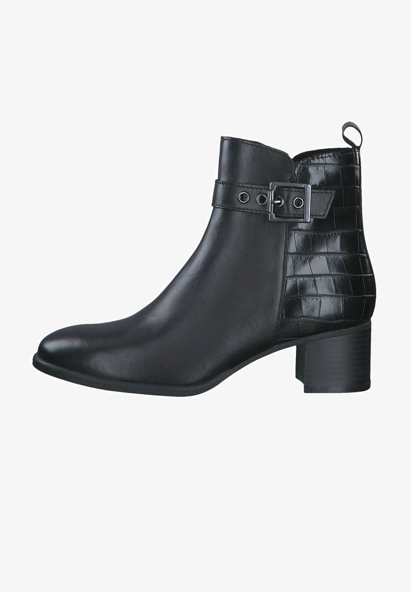 Bottine noire en cuir lisse avec un panneau texturé effet croco. Présente un détail de boucle et un petit talon carré.