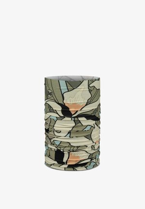 Scaldacollo tubolare multifunzionale con motivo floreale astratto in tonalità verde, beige, nero e azzurro chiaro, con marchio "Buff" sul lato.