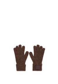 Guantes de punto marrón con puños acanalados y una etiqueta cuadrada grabada con "BIMBA Y LOLA". Textura suave, diseño sin dedos y ajuste acogedor.