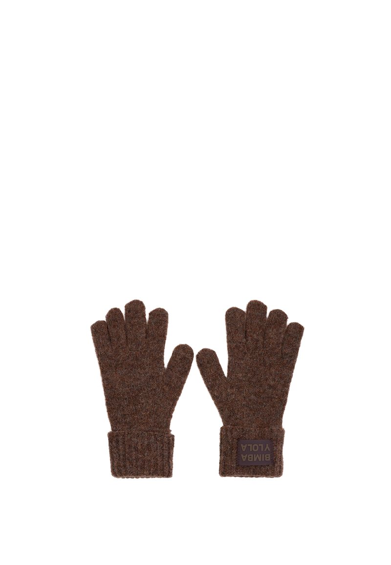 Guantes de punto marrón con puños acanalados y una etiqueta cuadrada grabada con "BIMBA Y LOLA". Textura suave, diseño sin dedos y ajuste acogedor.