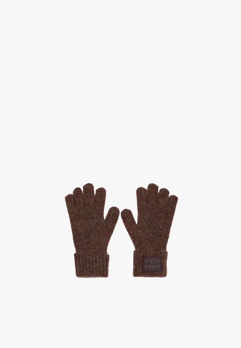 Guantes de punto marrón con puños acanalados y una etiqueta cuadrada grabada con "BIMBA Y LOLA". Textura suave, diseño sin dedos y ajuste acogedor.