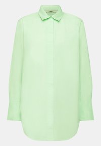 Camicia a maniche lunghe verde chiaro con collo a camicia, abbottonatura frontale e orlo curvo. Tessuto morbido con una consistenza leggera.